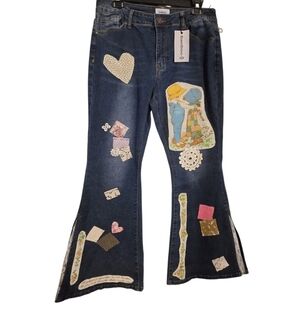 Upcycled Hand Crafted Boho Holly Hobbie Patchwork On Bamboo Jeans Size 17 NWT